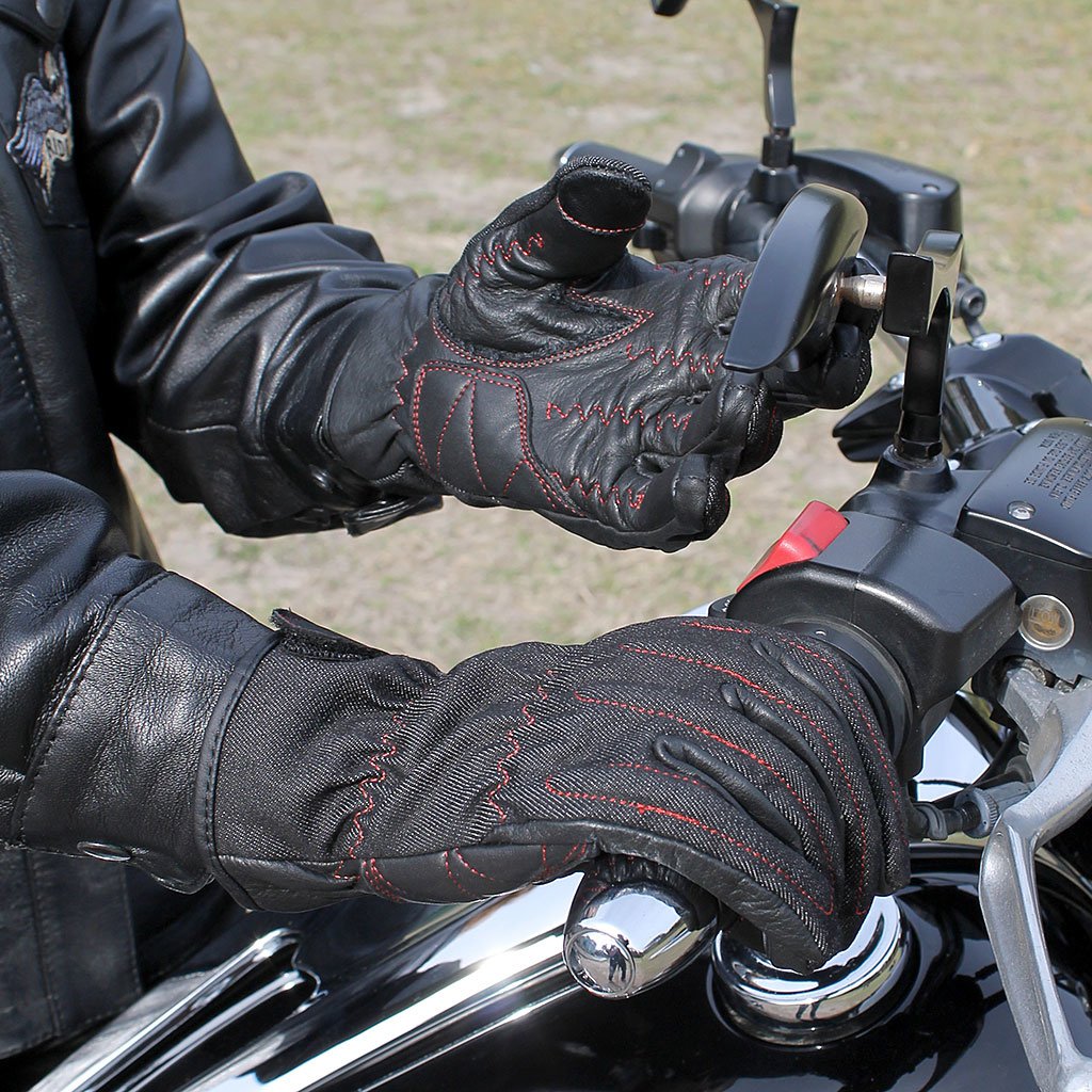 Red Stitch Denim & Leather Women's Motorcycle Gloves #G8168DR