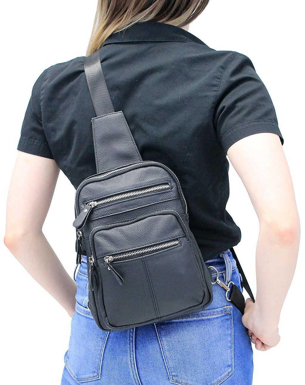 Black Leather Cross Body Sling Bag Pack #BP0040K