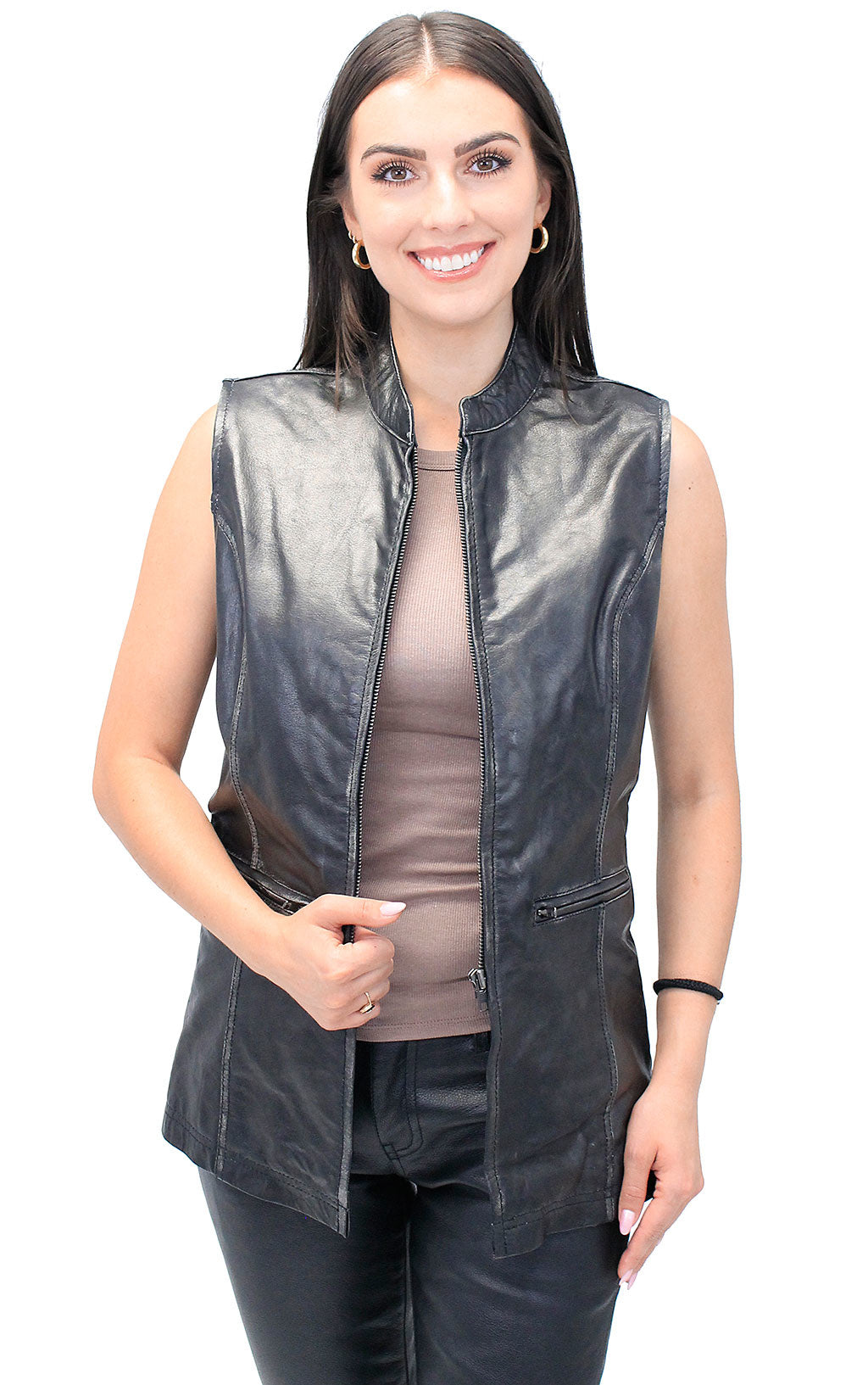 Extra Long Vintage Black Genuine Leather Zip Vest #VLA20091ZK