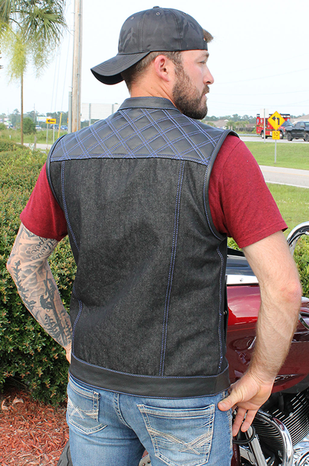 Blue Stitch Denim Leather Quilt Concealed Pocket Vest #VM6680DGQU