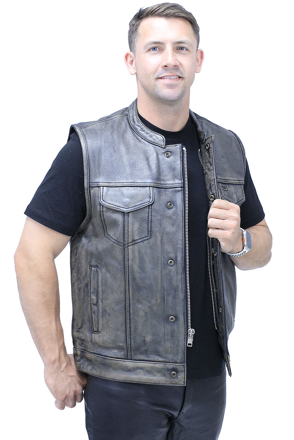 Men Ultra Soft Sheep Rub Off Leather V-Neck Motorcyclist Or Biker Vest store With Side Laces