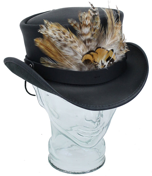 Large Front Feathers on Black Leather Hatband #HB-XFEATHER