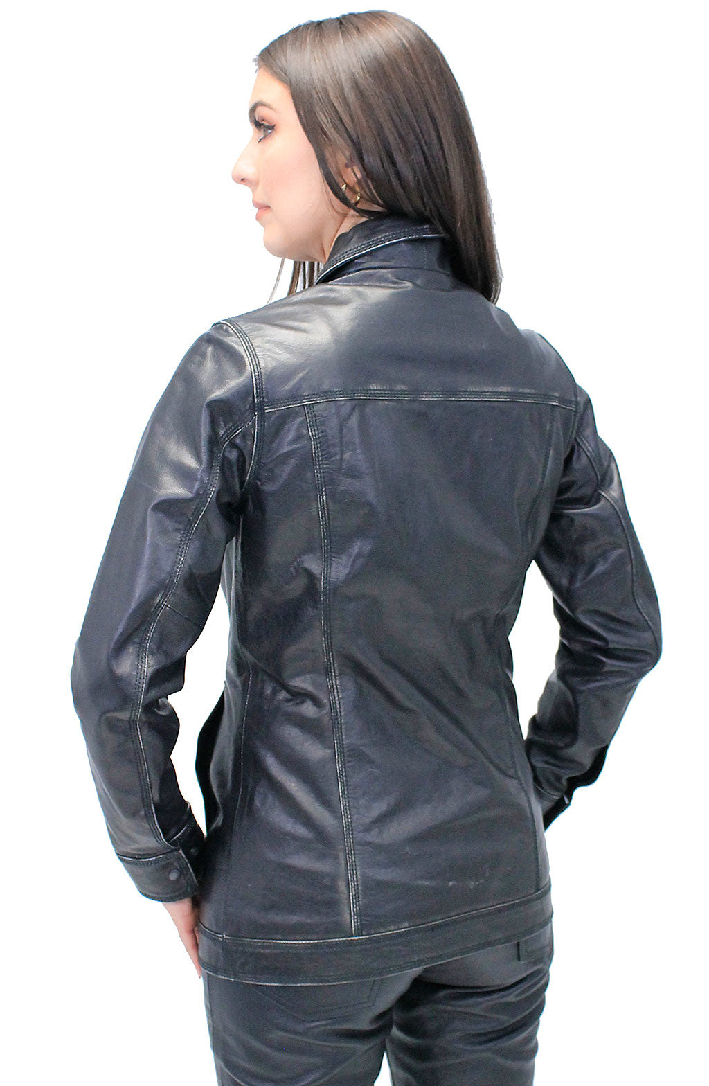 Vintage Black Women's Long Leather Jean Jacket #LA2010LZK