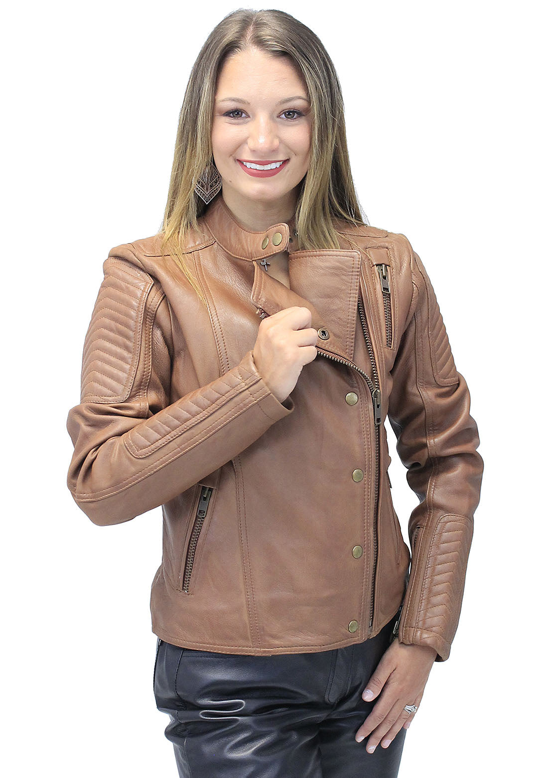 Women's Soft Brown Lambskin Zip Snap Motorcycle Jacket #L1587N  (S-5X)