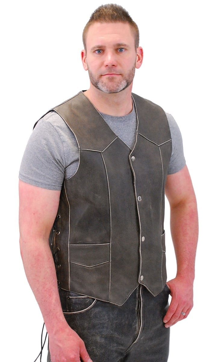 Vintage Brown Side Lace Biker Vest w/Concealed Pockets #VMA273LDN (3X-5X)