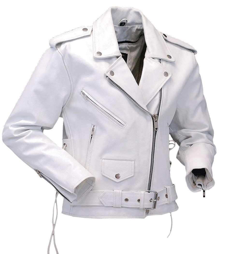 White Leather Motorcycle Jacket w/Side Lace #L6027LW