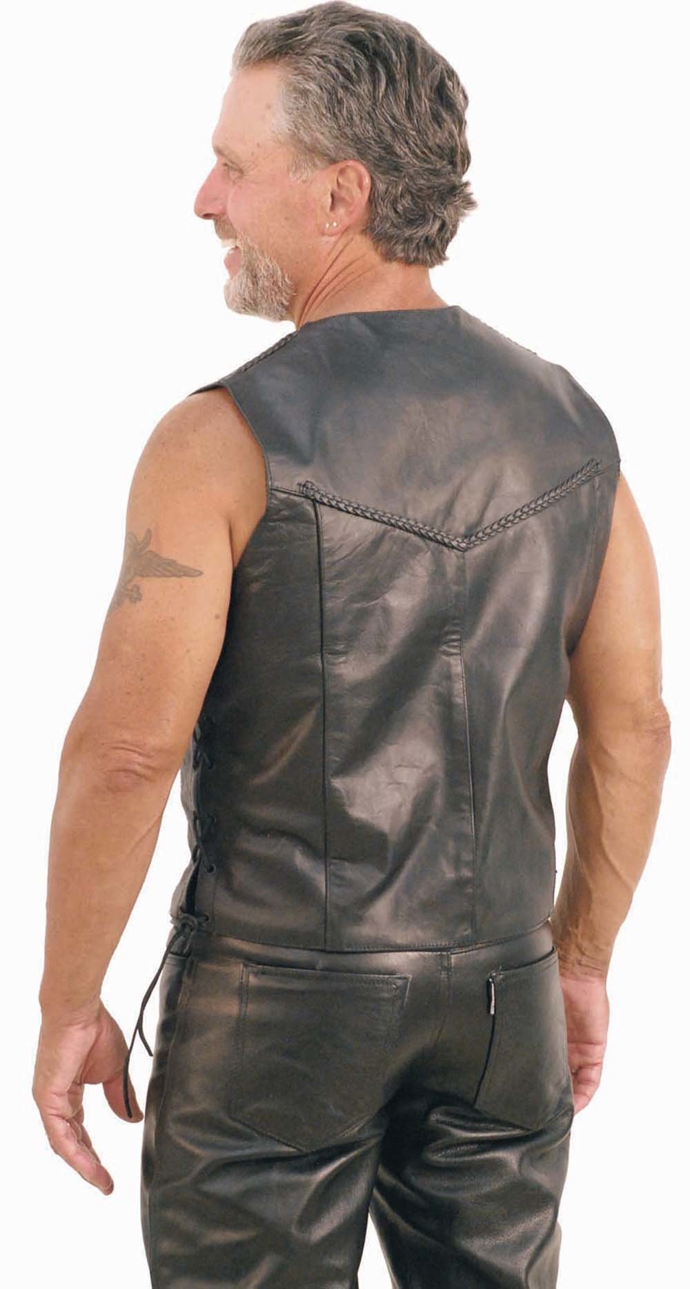 Braid Trim Black Side Lace Men's Leather Vest #VM101BK (XL-4X)