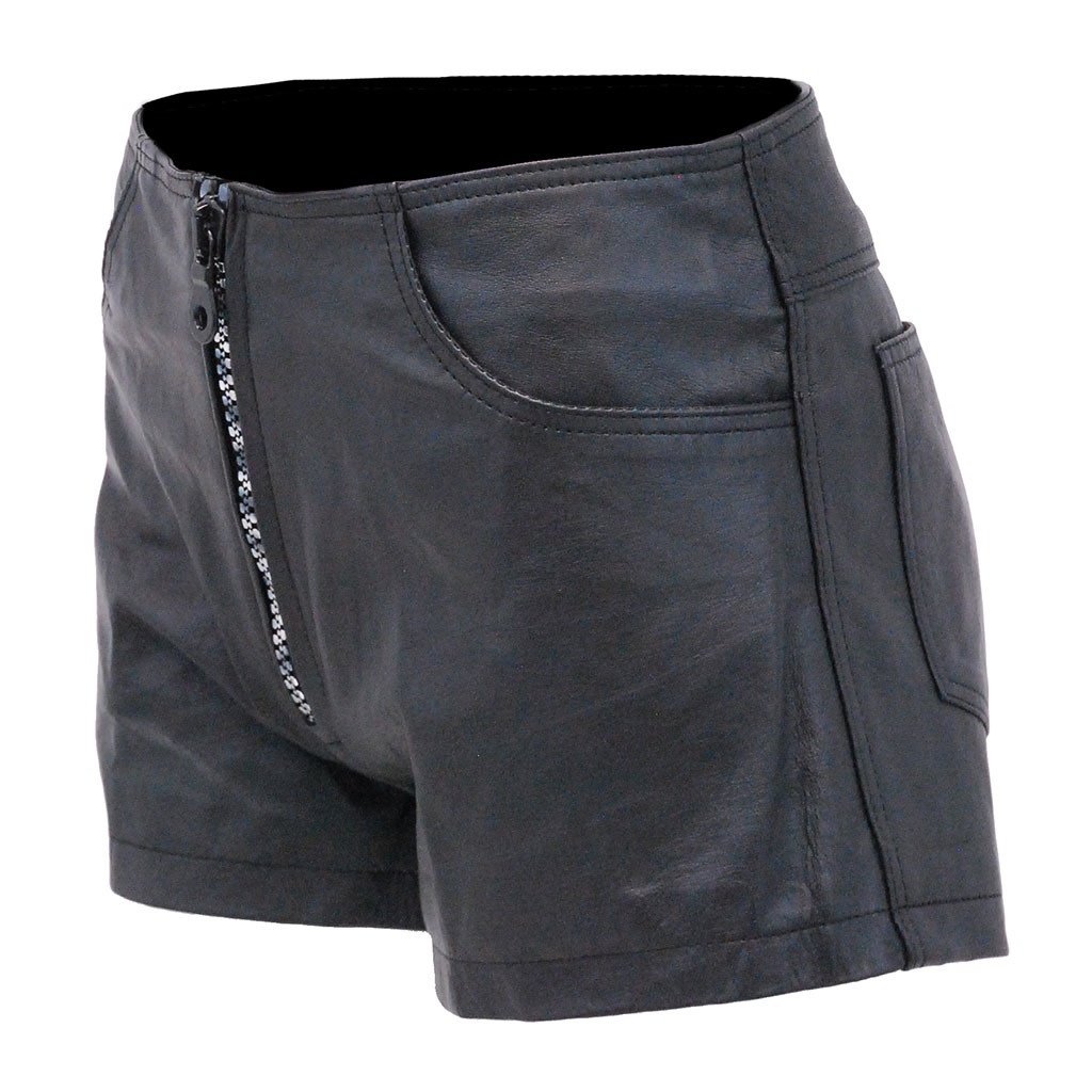 Black Leather Silver Zipper Shorts with Pant Pockets #SH1122K (XS-2X)