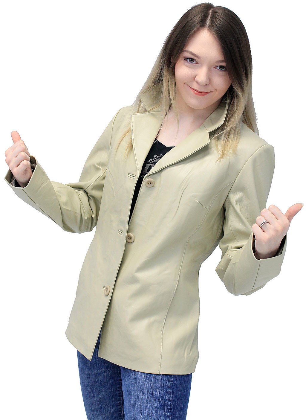 Sand Color Women's 3 Button Genuine Leather Coat #L32BTT (S-3X)