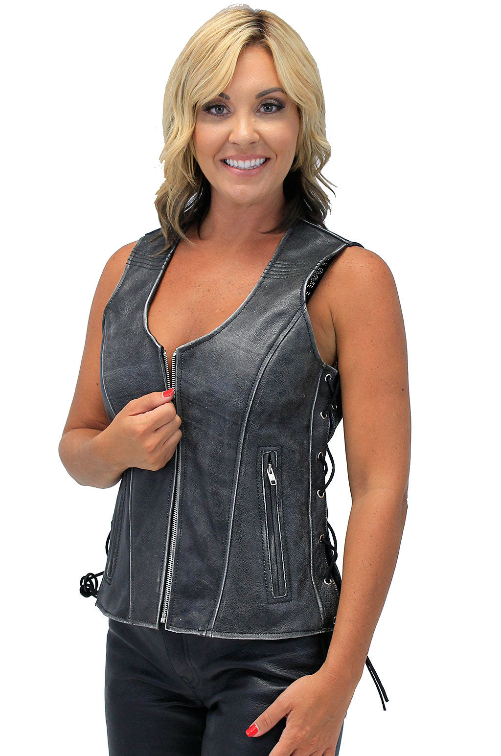 Vintage Gray Women's Dual Concealed Pocket  Side Lace Zip Vest #VLA801GLG