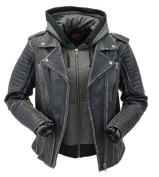 Women's Vintage Vented Concealed Pockets Motorcycle Jacket with Hoodie #LA2516VHK