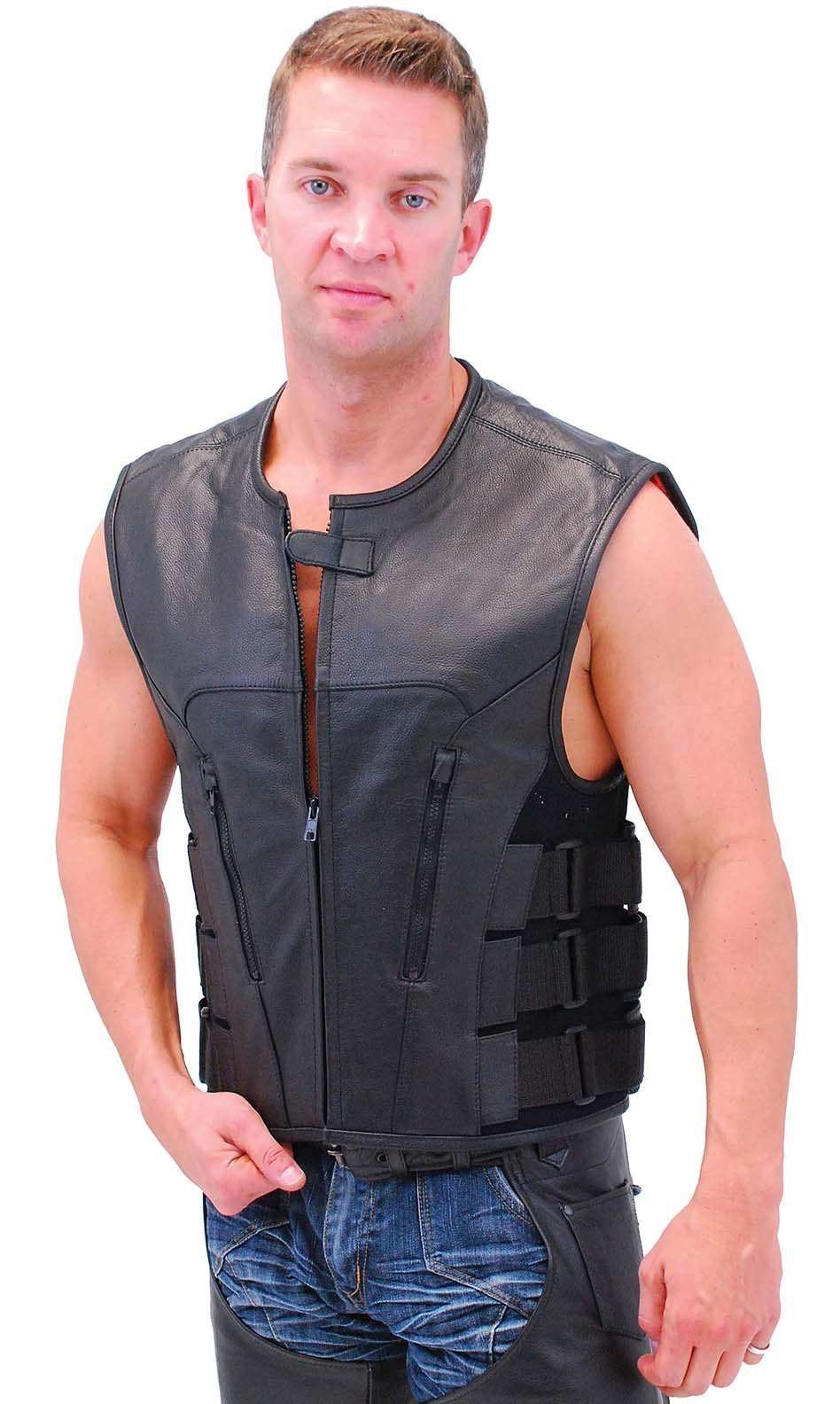 Triple Side Strap Leather Club Vest w/No Collar & Full Back #VM645CSL