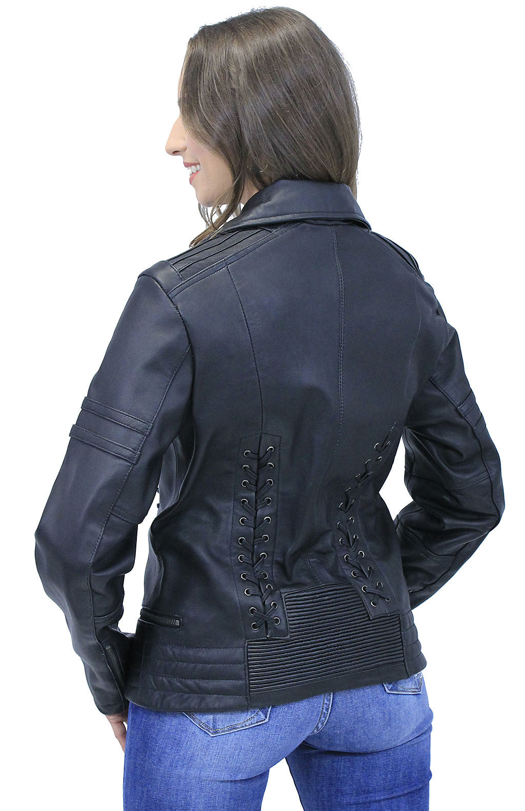 Long Black Leather Laced Eyelet Motorcycle Jacket #L69550ELK