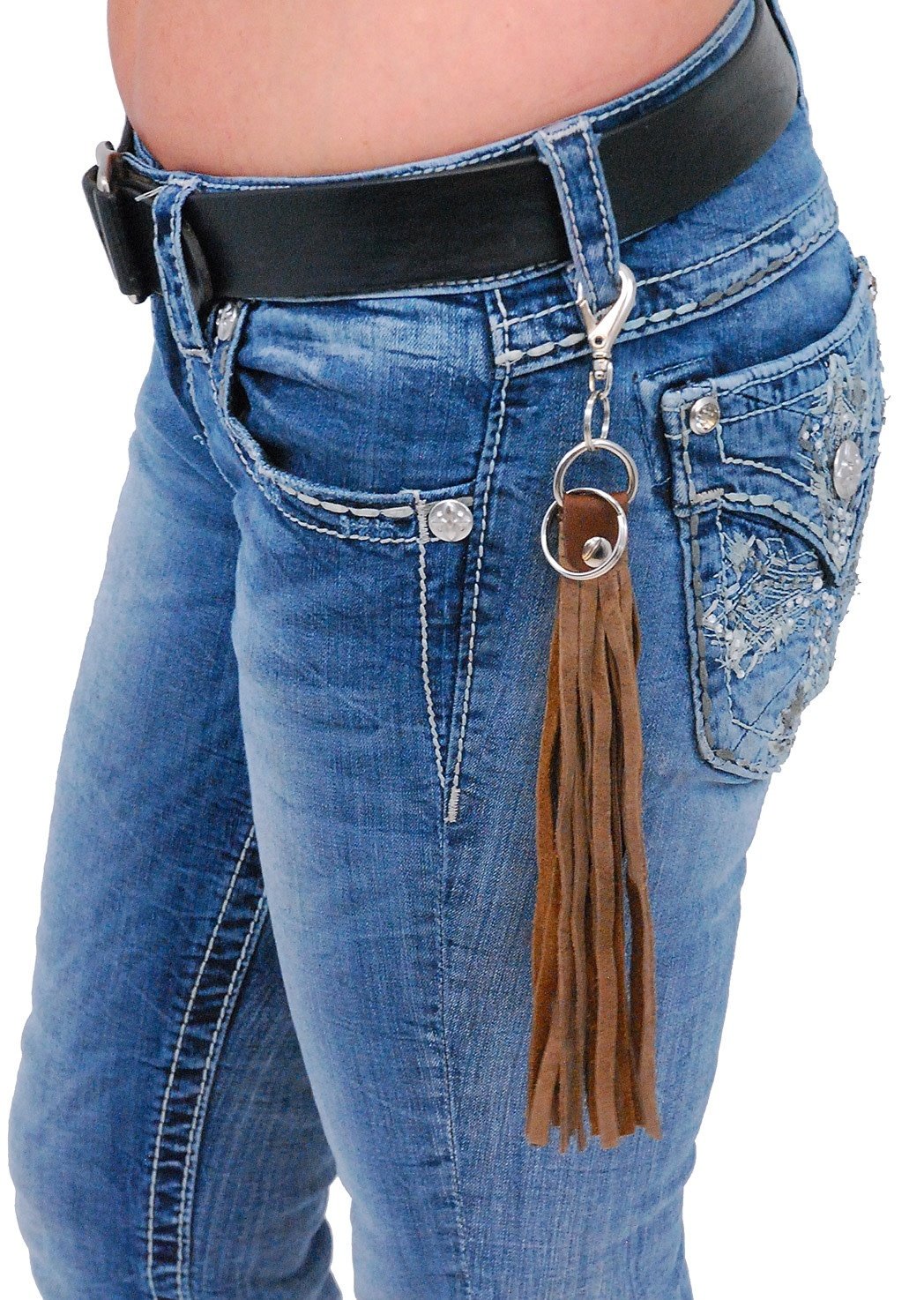 Long Brown Genuine Leather Fringe Key Chain with Claw Clip #KC1801N