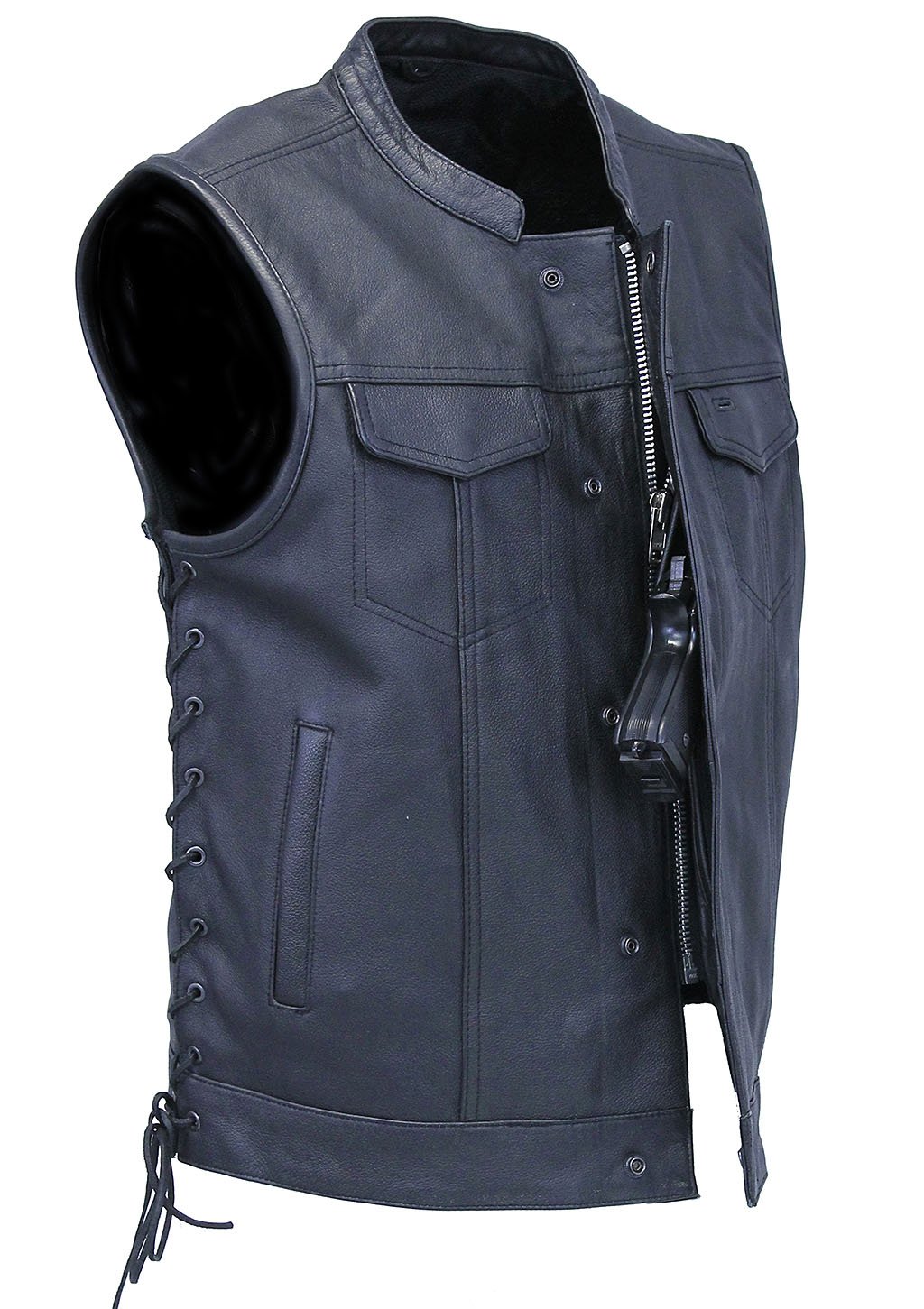 Mens leather vest motorcycle lace online up sides snap front black