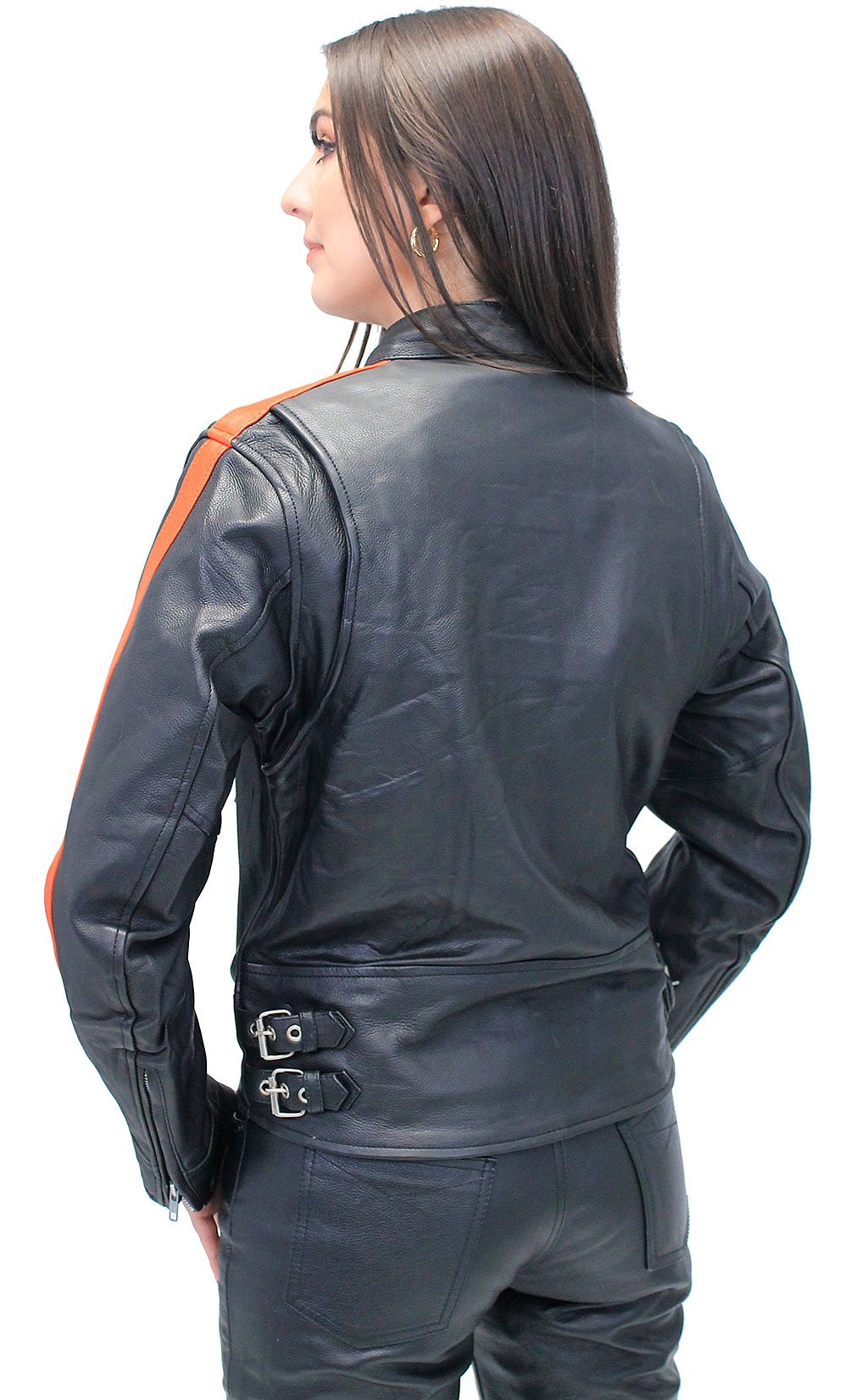 Orange Strip Women's Leather Motorcycle Jacket #L654416ZO (S-2X)