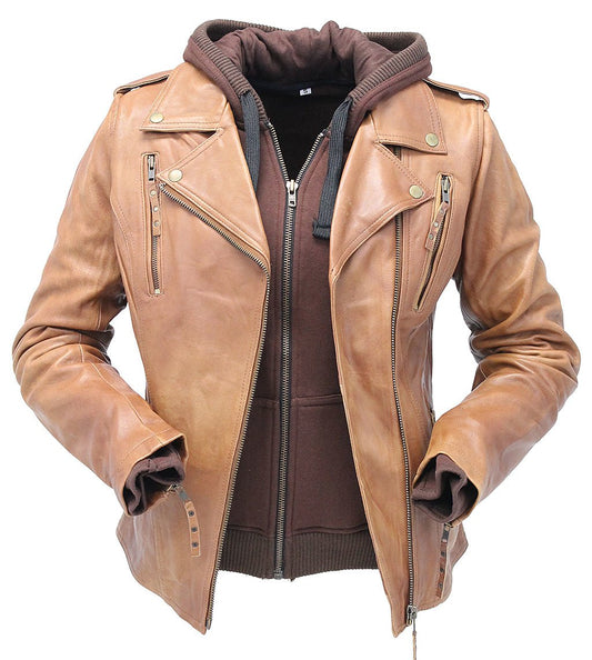 Women's Light Brown Hoodie Motorcycle Jacket #L68411HN