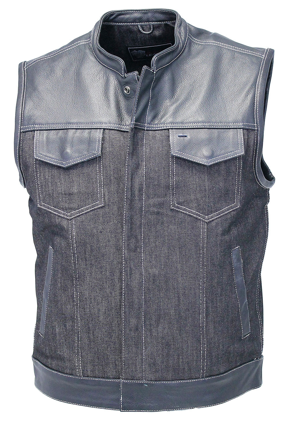 Men's Leather and Denim Gray Stitch Club Vest w/Concealed #VMC912GWK