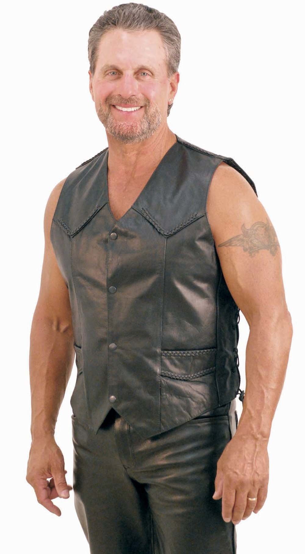 Braid Trim Black Side Lace Men's Leather Vest #VM101BK (XL-4X)