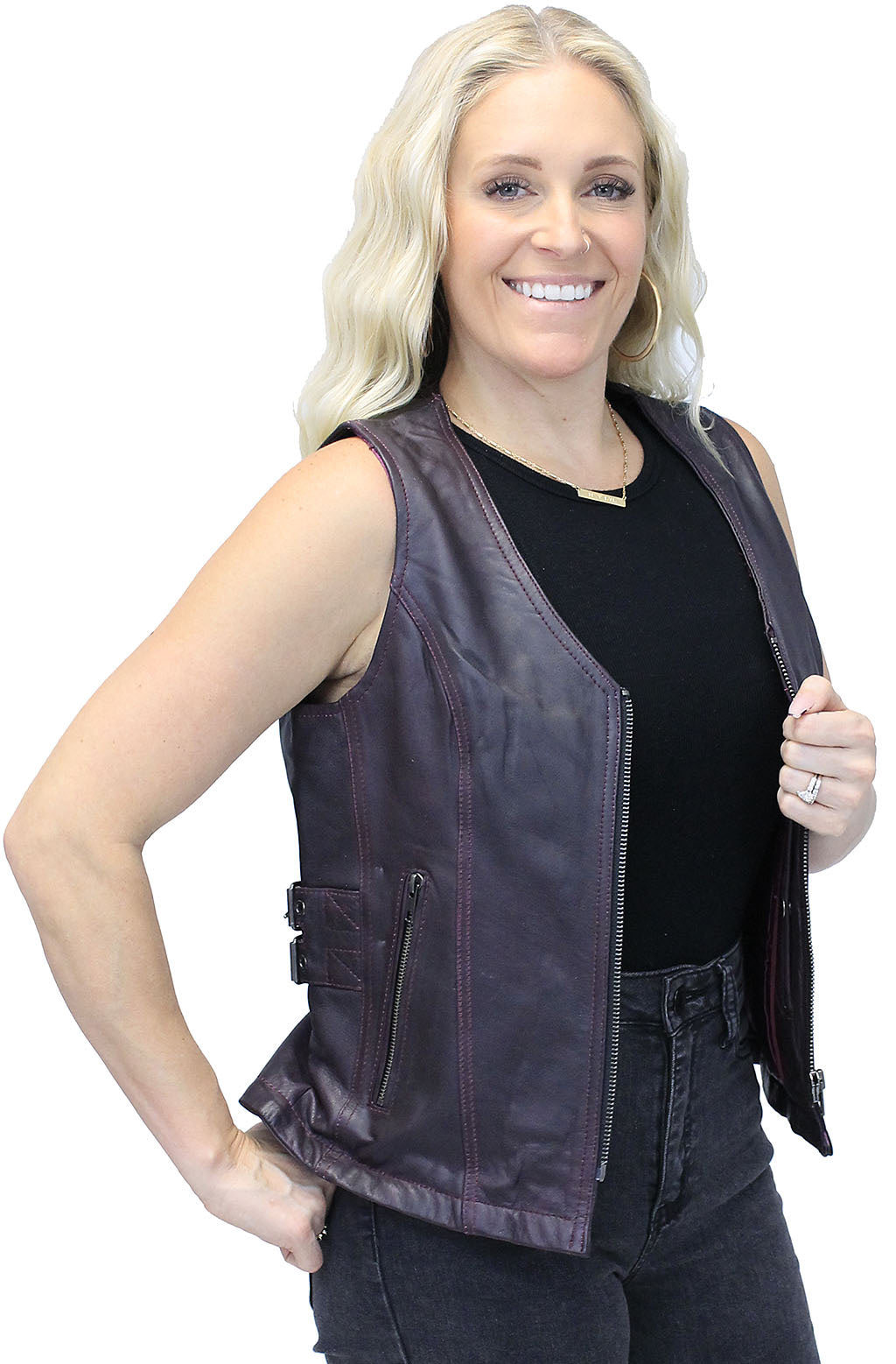 Purple Side Buckle Leather Vest w/CC Pockets and Zipper #VL689317ZP