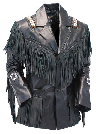 (d) Tribal Bead Black Leather Fringe Jacket #M2537BBFK (L-XL)