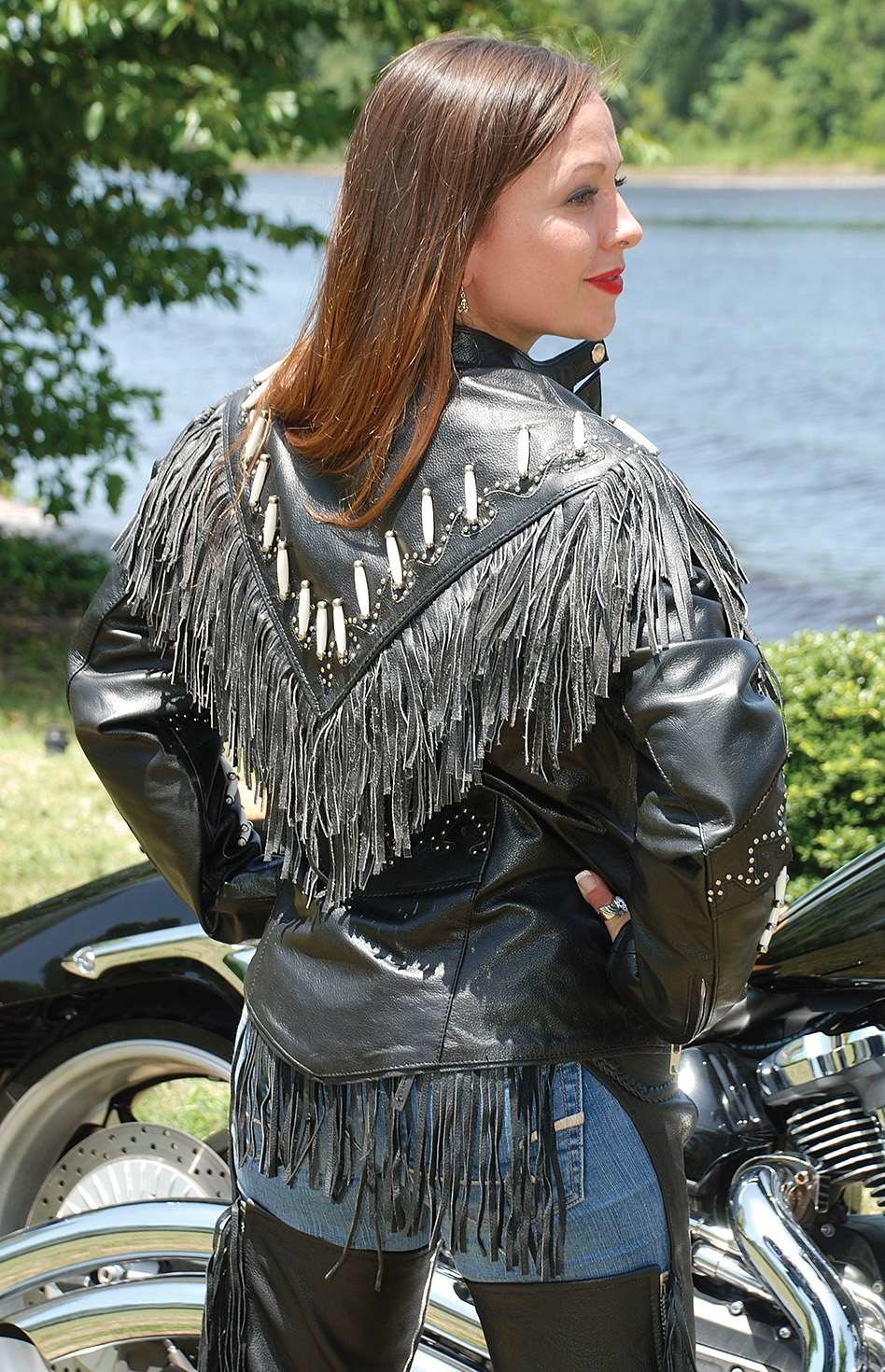 Genuine Bone Studded Fringe Leather Jacket #L1615FBK