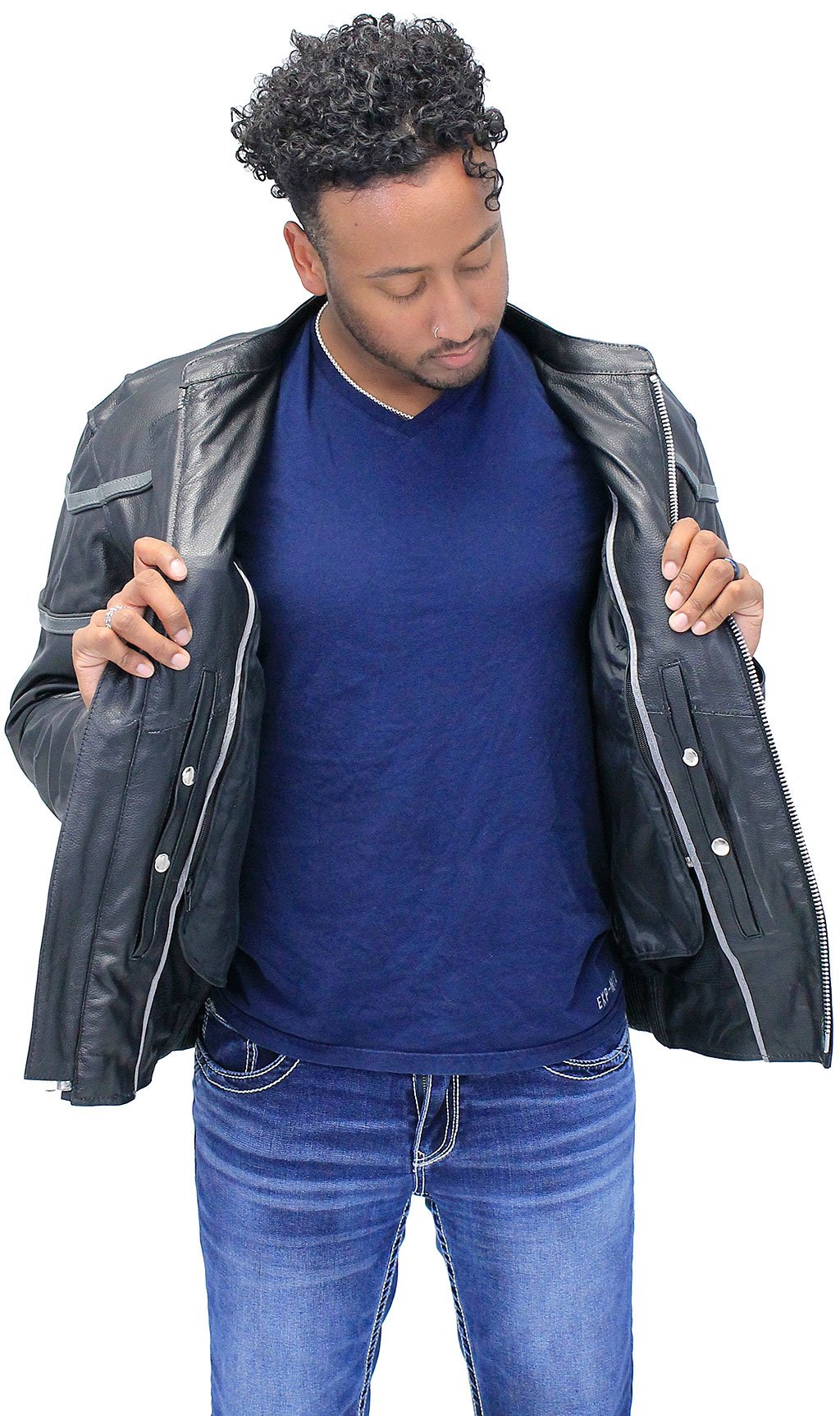 Men's Double Gray Stripe Vented Leather Jacket w/Reflector #M604918VZK