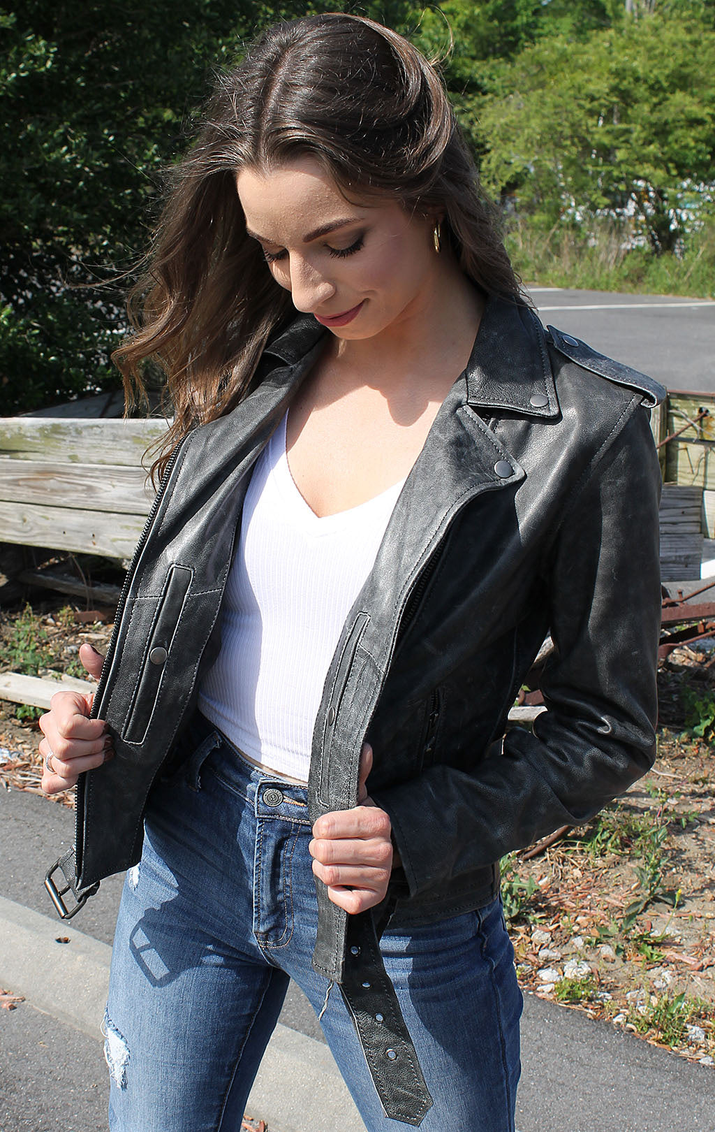 Women's Vintage Gray Leather Motorcycle Jacket #LA68323GY