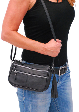 (d) Black Leather Tassel Purse Silver Zippers #P5090TK