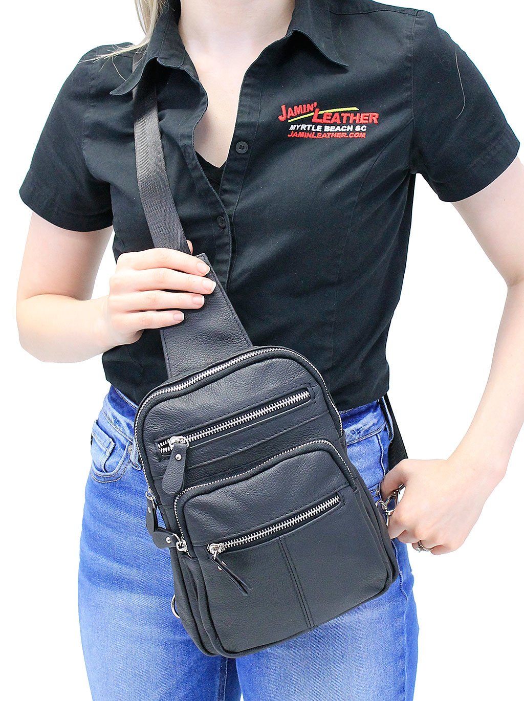 Black Leather Cross Body Sling Bag Pack #BP0040K