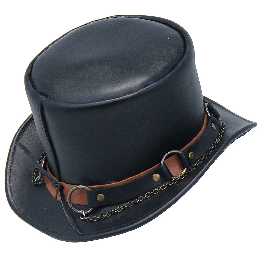 Black Leather Tophat w/Chains & Rings #H2208RCK (S-M)