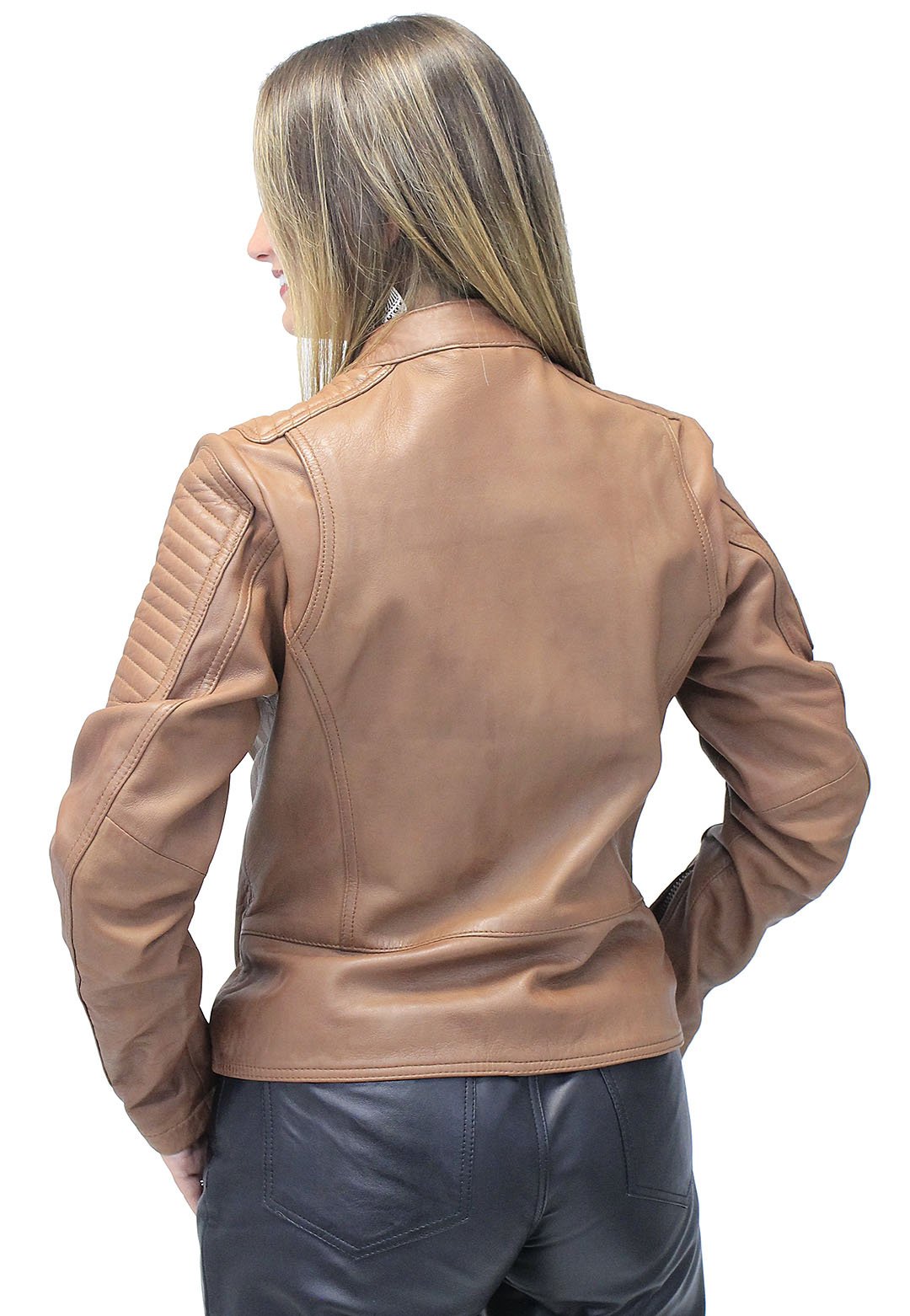 Women's Soft Brown Lambskin Zip Snap Motorcycle Jacket #L1587N  (S-5X)