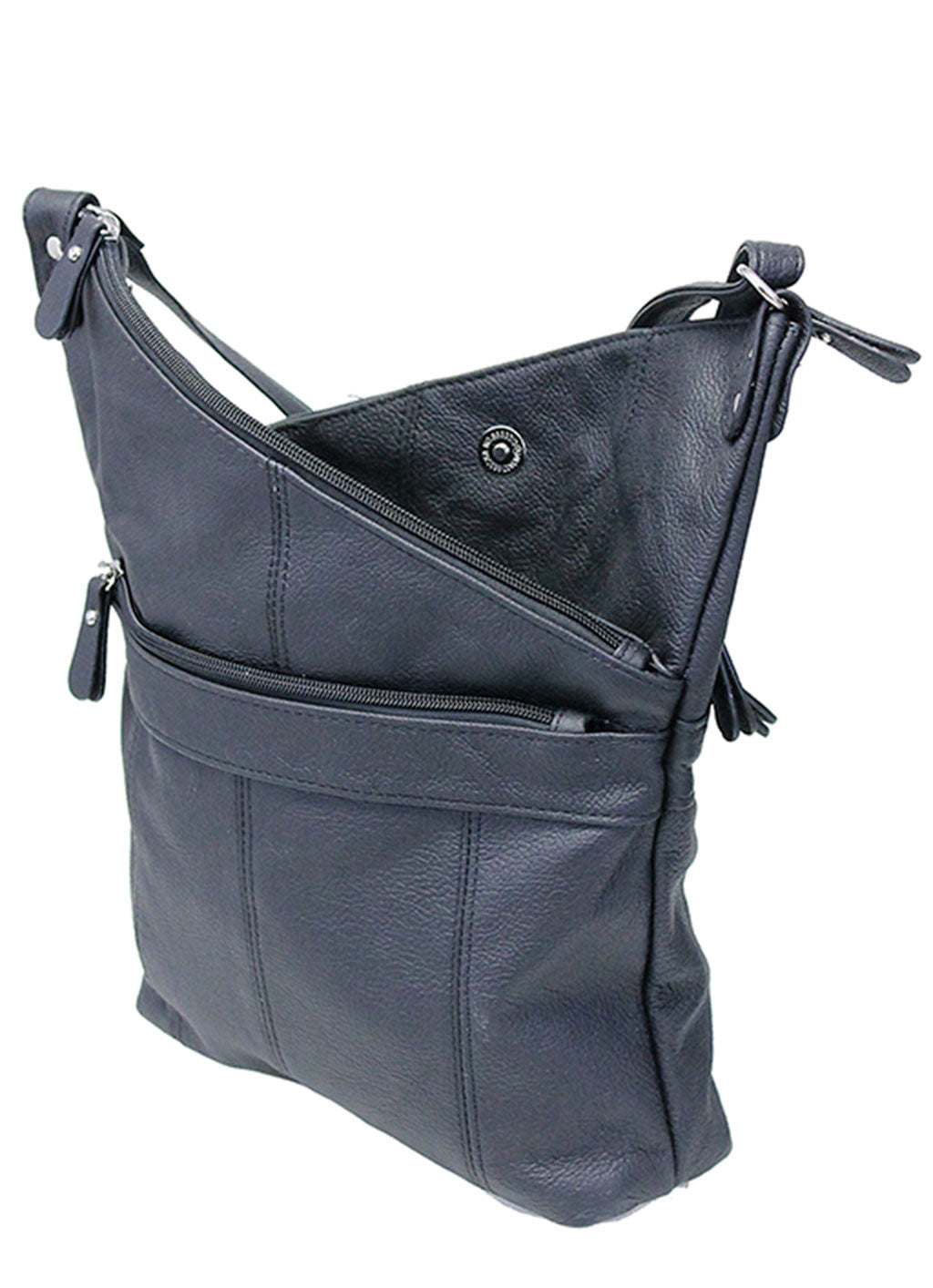 Slanted Top Large Leather Cross Body Black Purse #P0010K