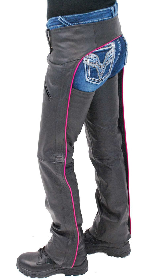 Women's Low Rise Pink Trim Premium Pocket Leather Chaps #CL2804PPIN (L-3X)