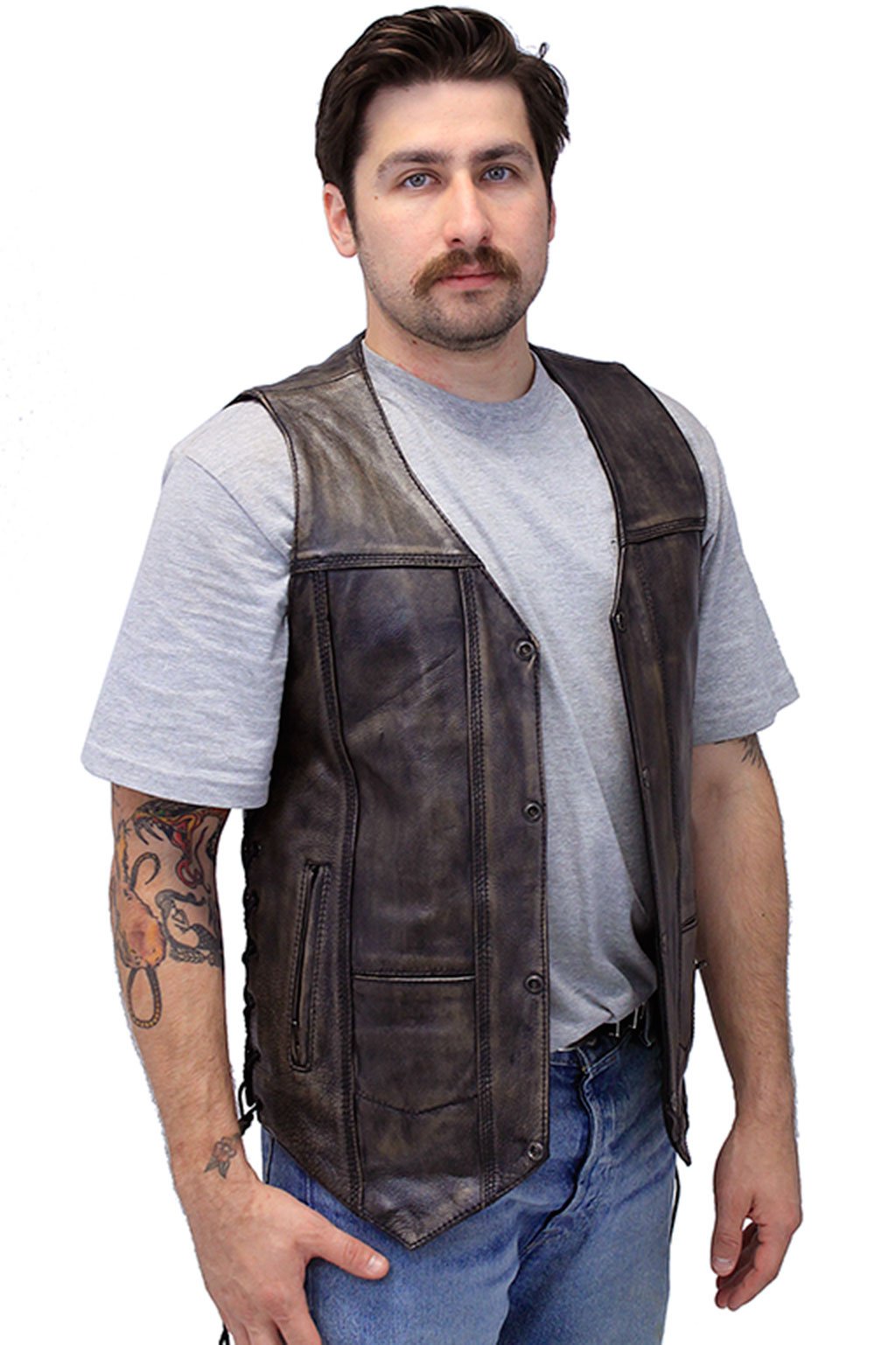 Vintage Leather Vest for Men Slim Fit V Neck Button Down