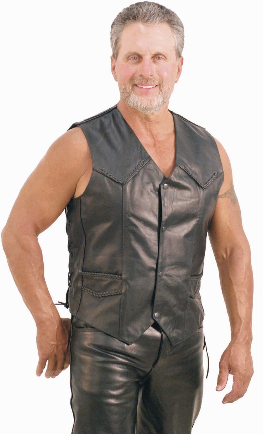 Braid Trim Black Side Lace Men's Leather Vest #VM101BK (XL-4X)