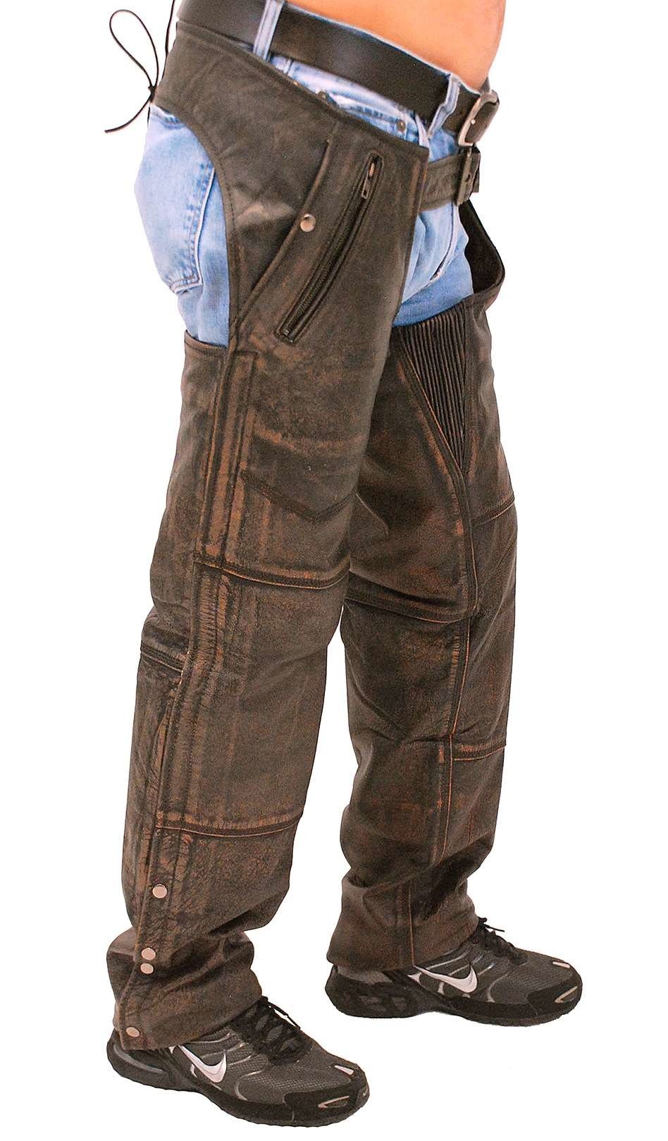 4 Pocket Vintage Distressed Brown Leather Chaps w/Removable Lining #CA5500ZDN