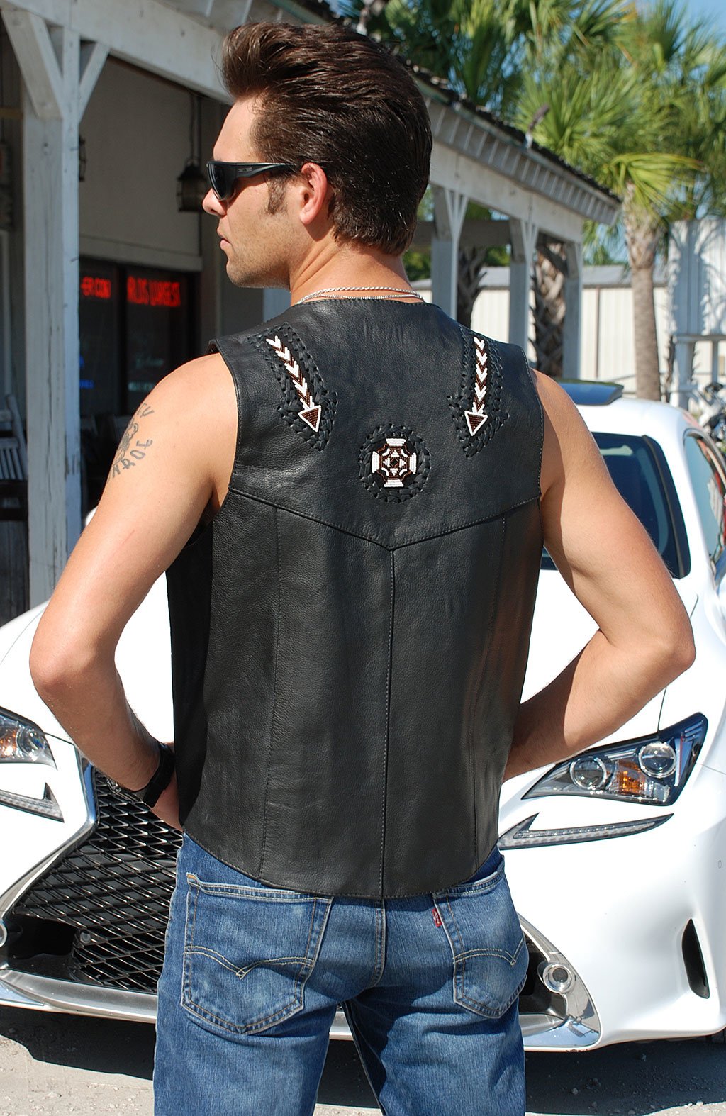 Hand Lace and Indian Bead Inlay Leather Vest #VM641BDK (36-46)