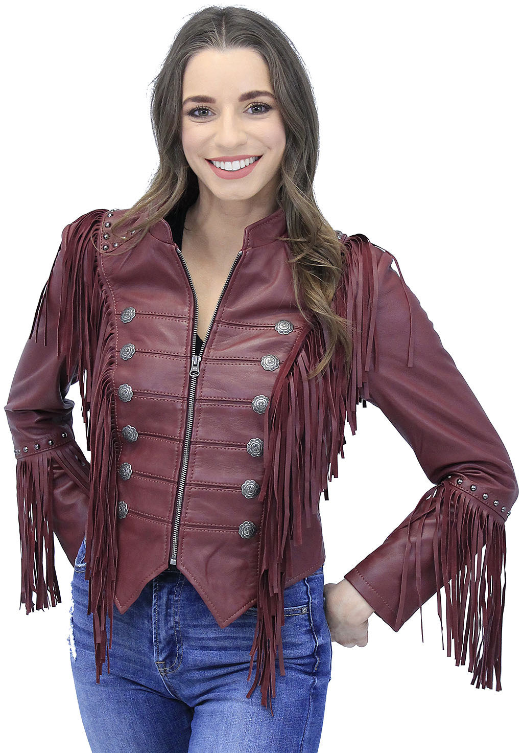 Burgundy Red Leather Fringed Band Leader Jacket #L98426SFR