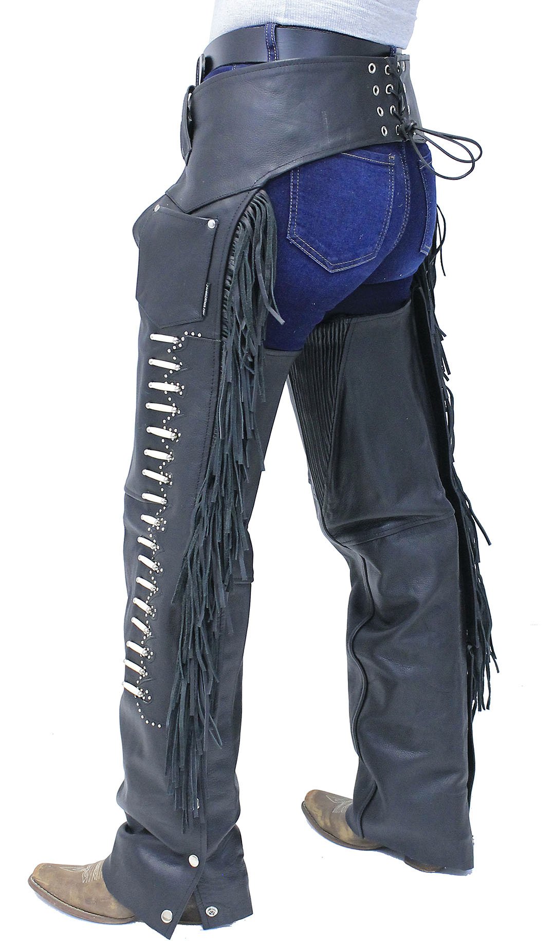 Premium Leather Chaps w/Bone Beading, Stretch Thighs & Fringe #C1730SFKK