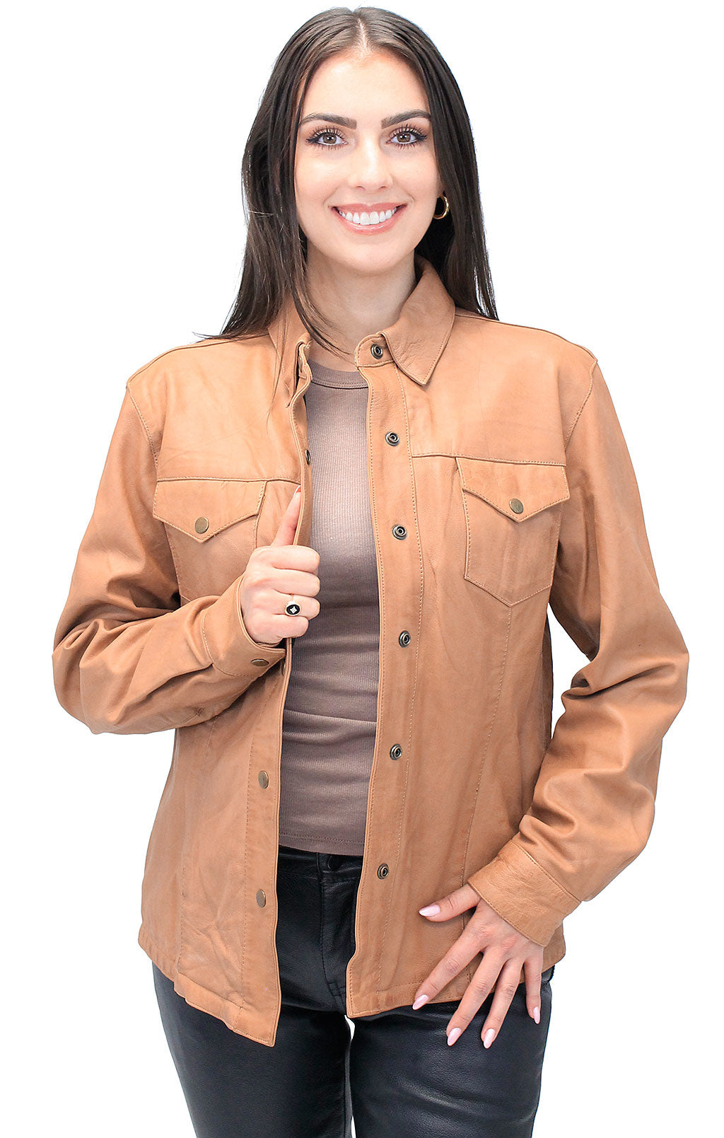 Women's Vintage Tan Soft Lambskin Leather Shirt  #LSA862T (L-5X)