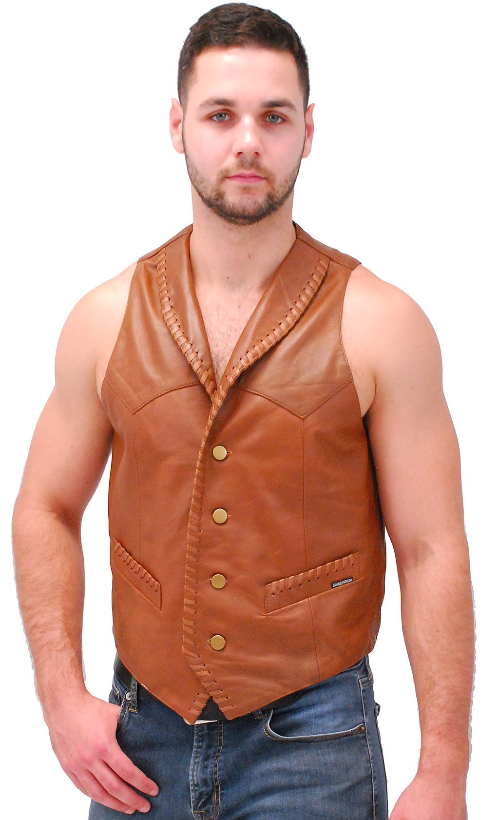 Light Brown Vintage Waxy Lambskin Western Whip Stitch Vest #VM2061WN (M-L)