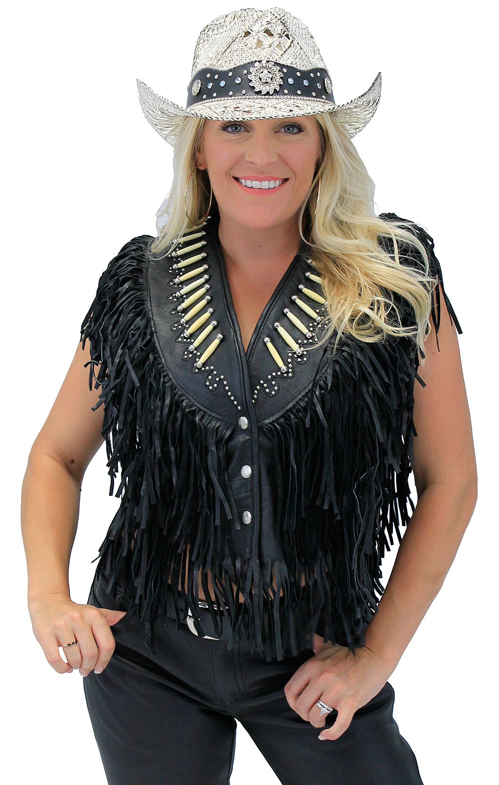 Genuine Bone Studded Fringe Leather Vest #VL4253FBSK (XS-L)