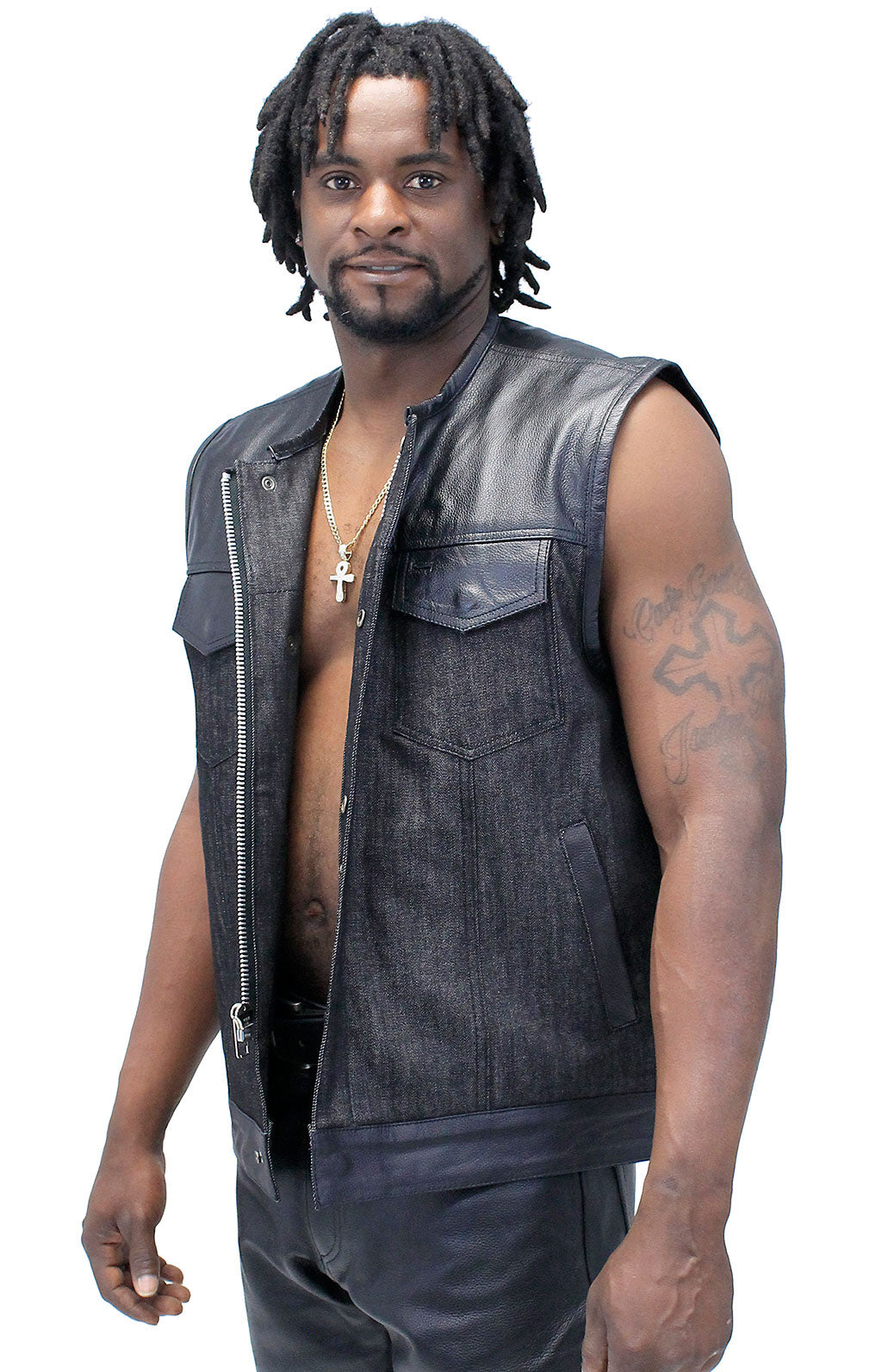 Men's Black Leather and Denim Club Vest w/Easy Access Pocket