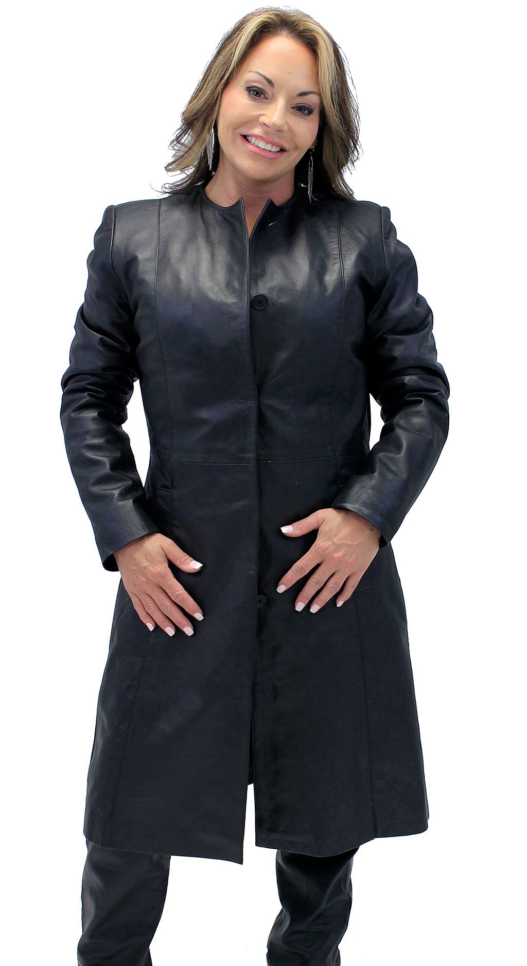 Collar Free Long Lambskin Leather Coat for Women #L1502398ZK (S-3X)