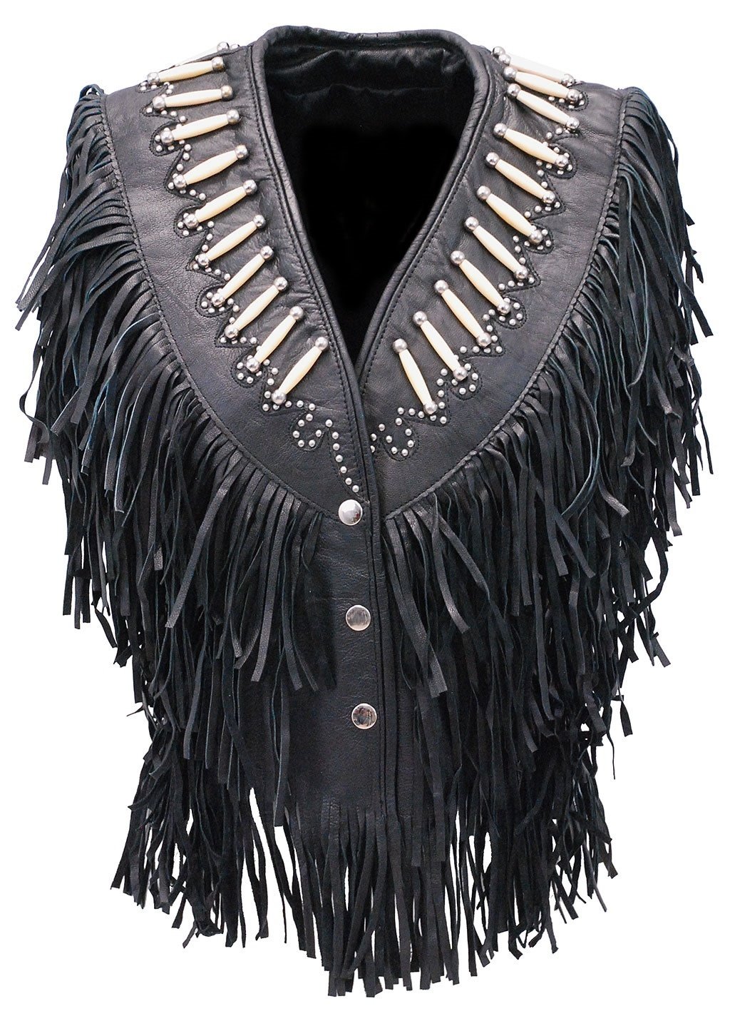 Genuine Bone Studded Fringe Leather Vest #VL4253FBSK (XS-L)