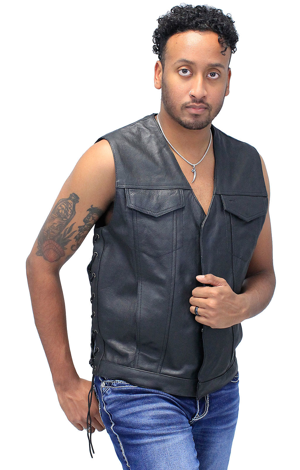 (d) Men's Side Lace V-Neck Vest w/Easy Access Pocket #VM2645GZLK