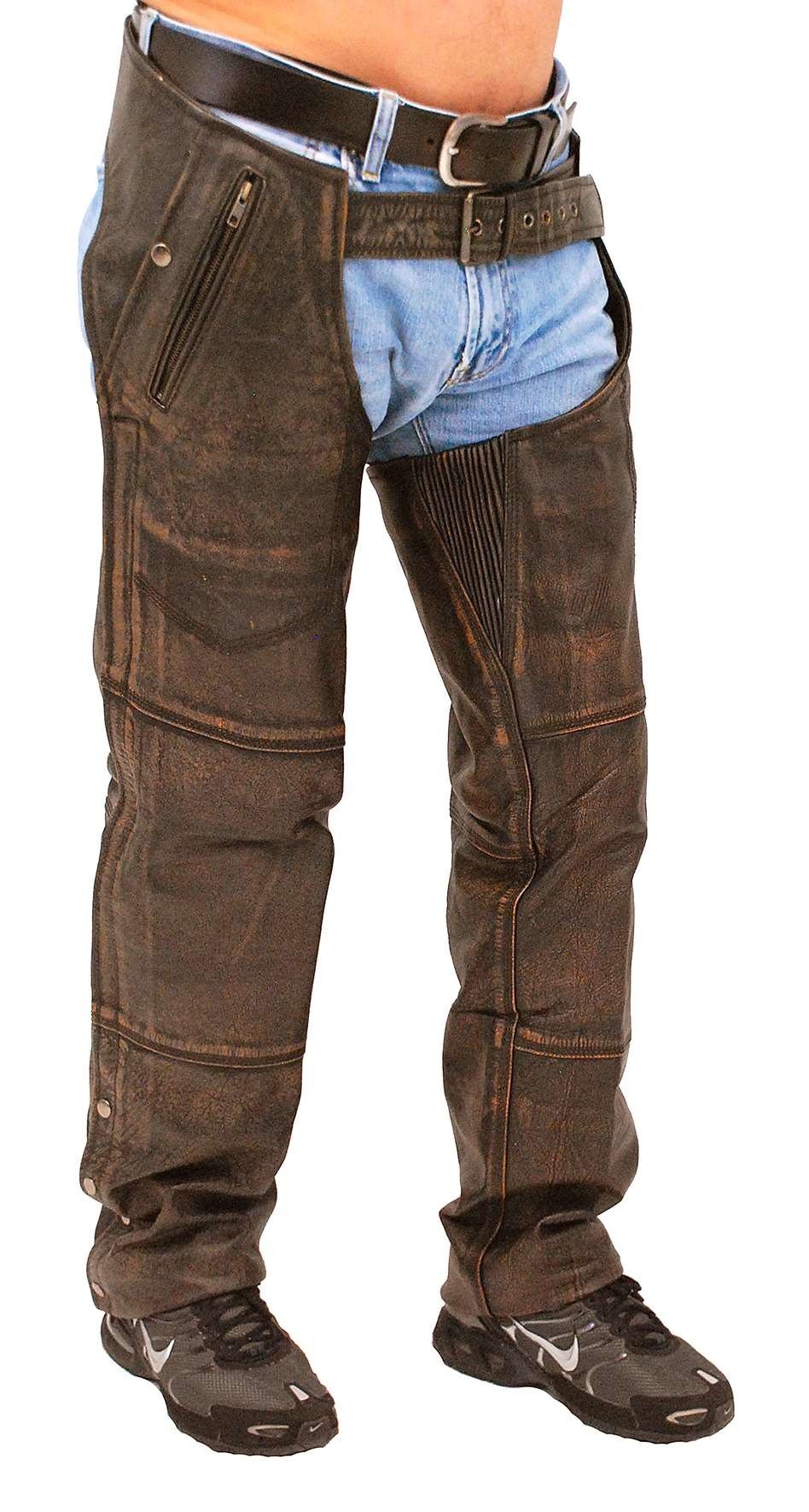 4 Pocket Vintage Distressed Brown Leather Chaps w/Removable Lining #CA5500ZDN