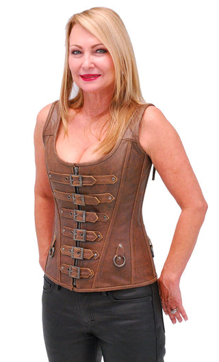 (d) Brown Long Body 6 Buckle Leather Corset w/Boning #LH1319BUCN