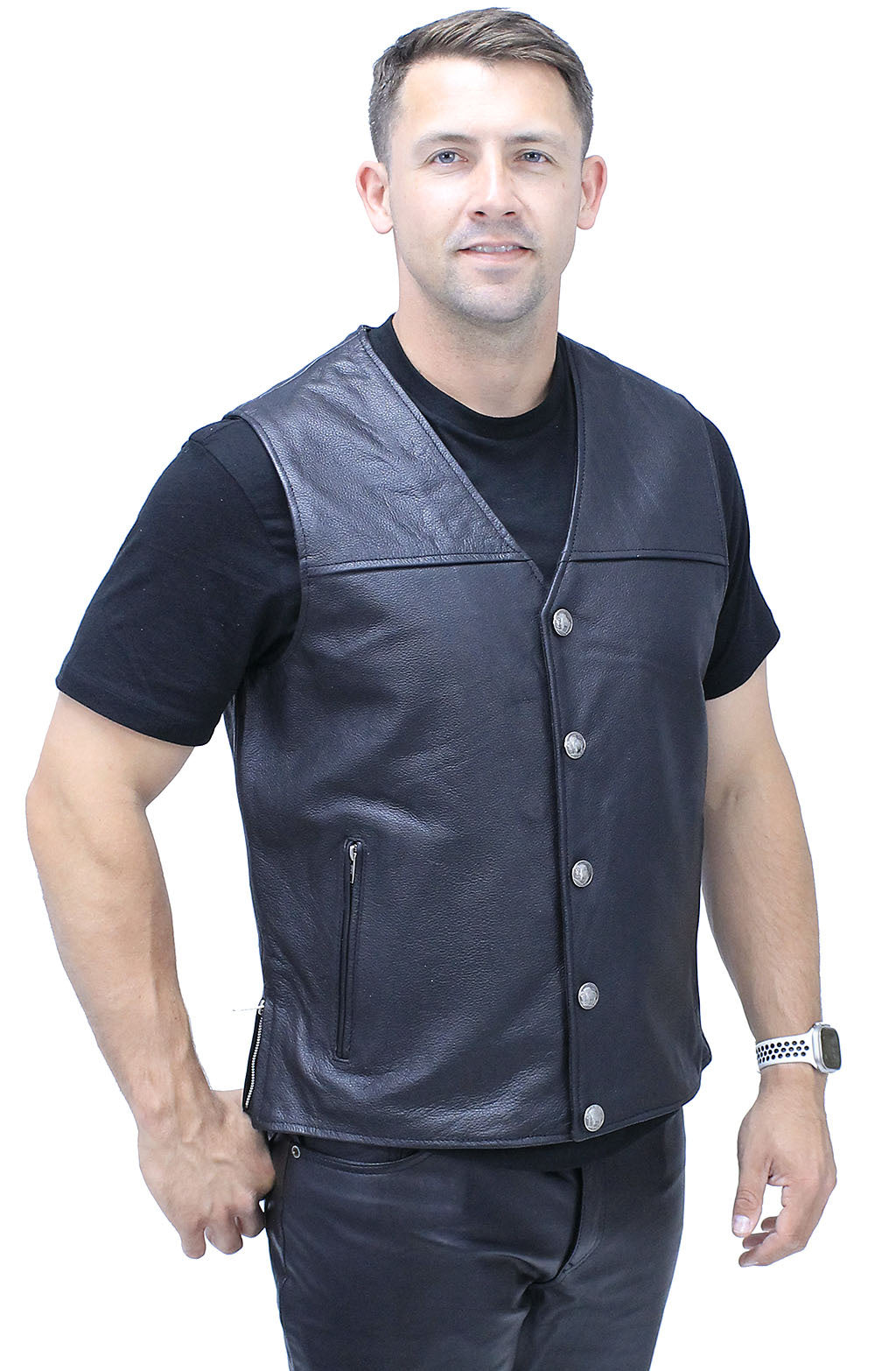 U.S.A Leather Afghanistan War Vet 100% Leather Vest hot Black Mens Large